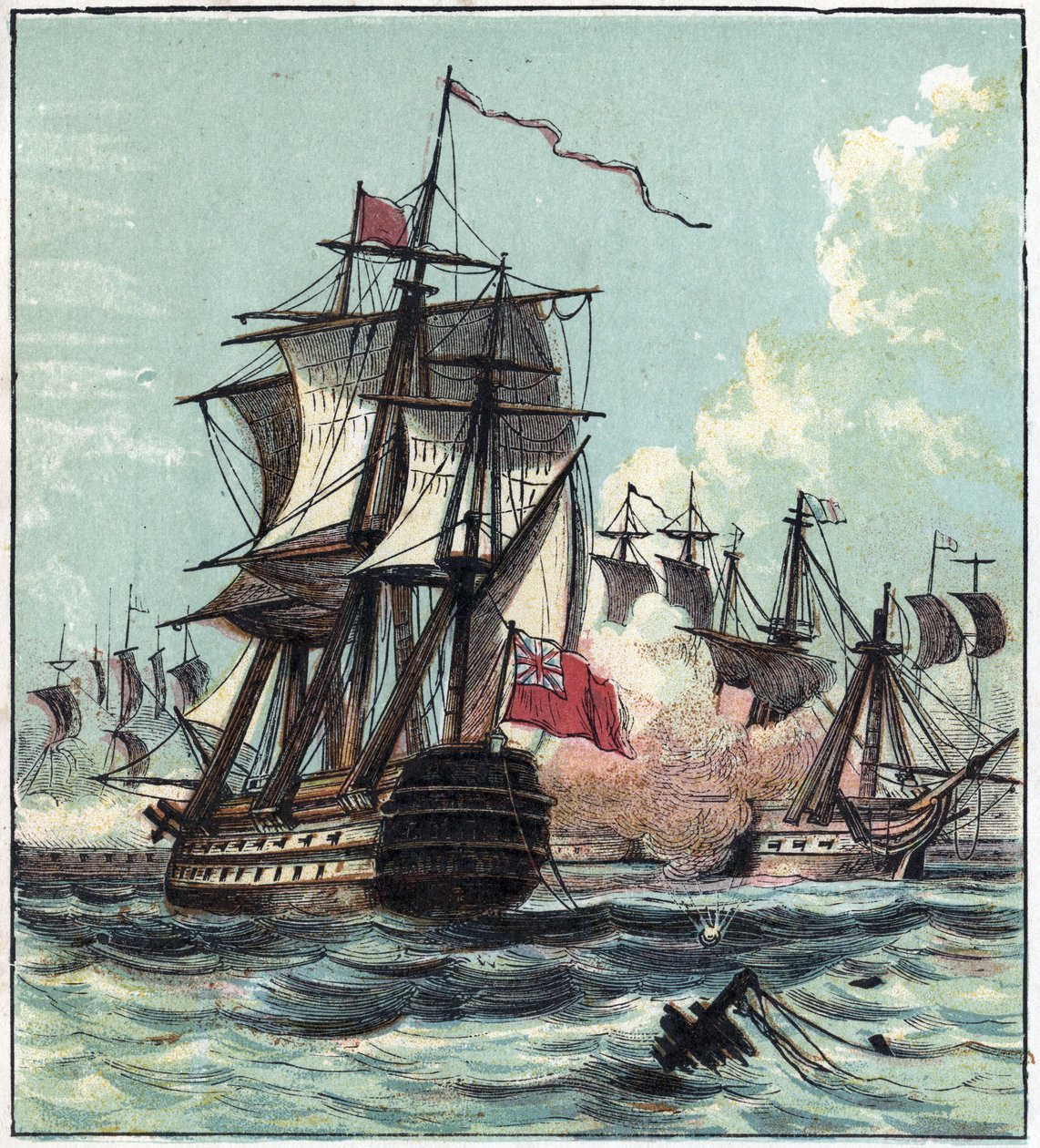 Krieg der Revolution: Schlacht des 13. Prairial Jahres II (01.06.1794) war eine Seeschlacht zwischen dem französischen Geschwader unter dem Kommando von Louis Thomas Villaret de Joyeuse und der britischen Armee von Admiral Howe (1726-1799) vor Ouessant. Di von English School