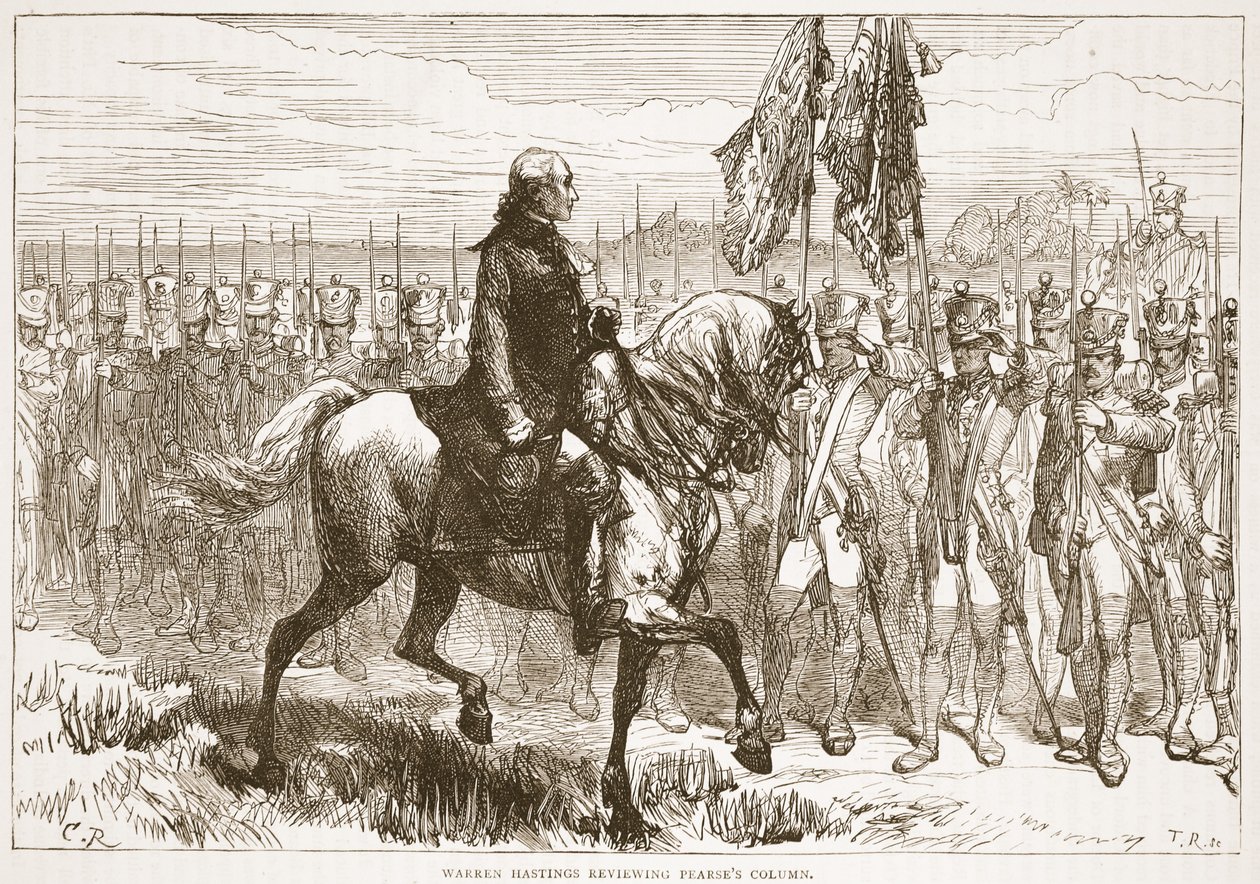 Warren Hastings überprüft Pearses Kolonne, Illustration aus Cassells Illustrierter Geschichte Indiens von James Grant, veröffentlicht 1879 von English School