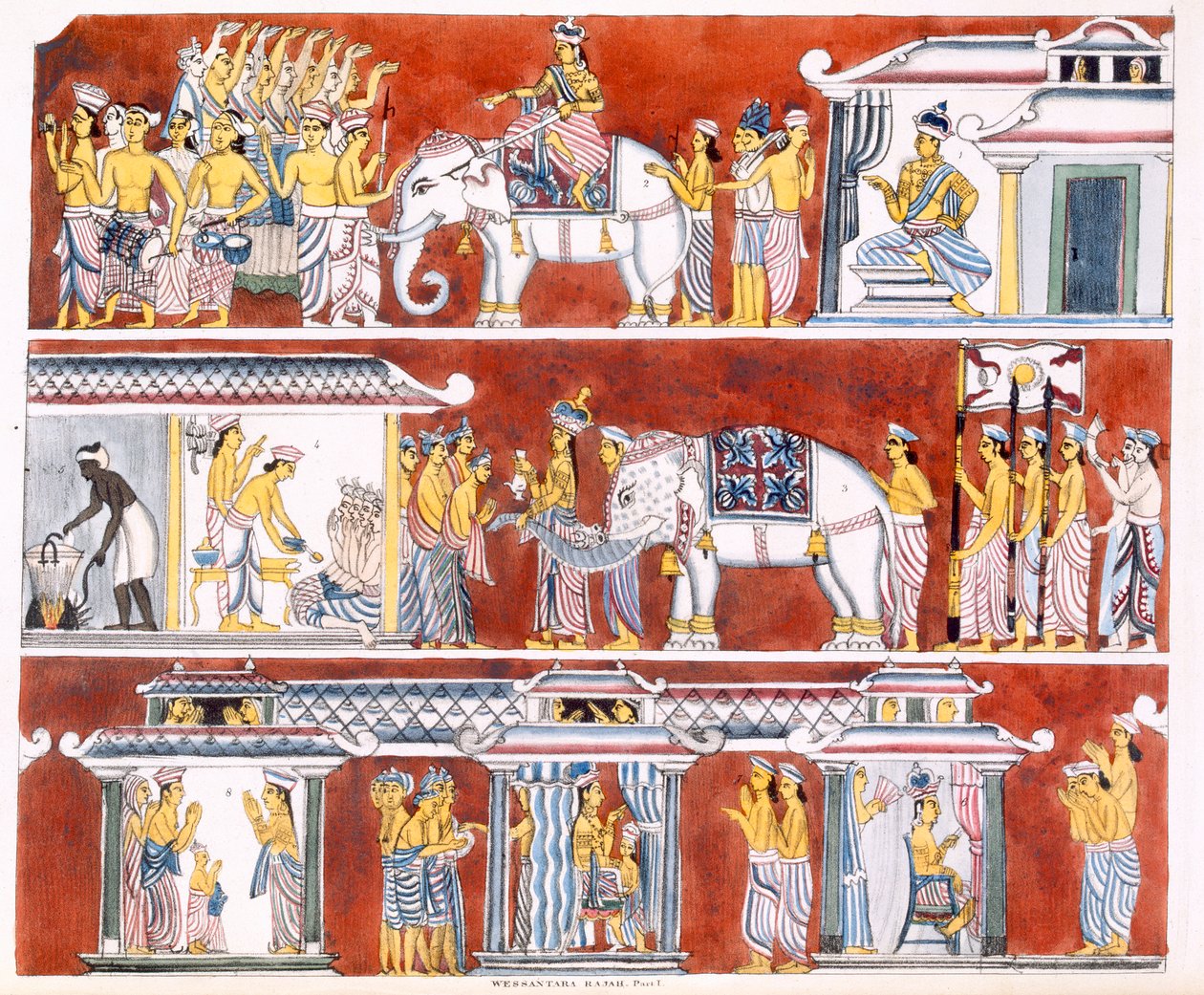 Wessantara Rajah, Teil I, aus Die Geschichte und Lehre des Buddhismus von Edward Upham, 1829 von English School