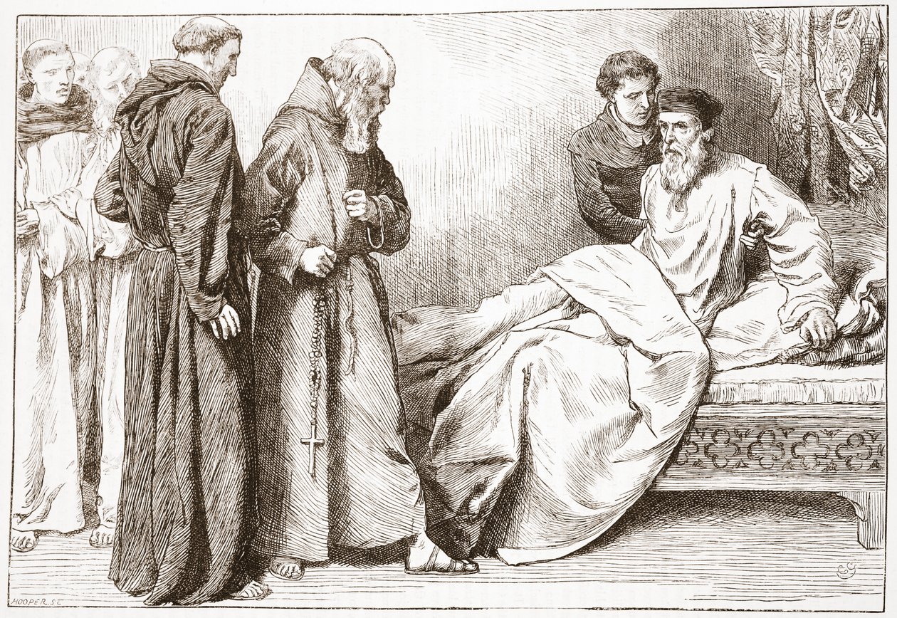Wicliffe und die Mönche: Szene im Schlafzimmer, Illustration aus Die Geschichte des Protestantismus von James Aitken Wylie, veröffentlicht 1878 von English School