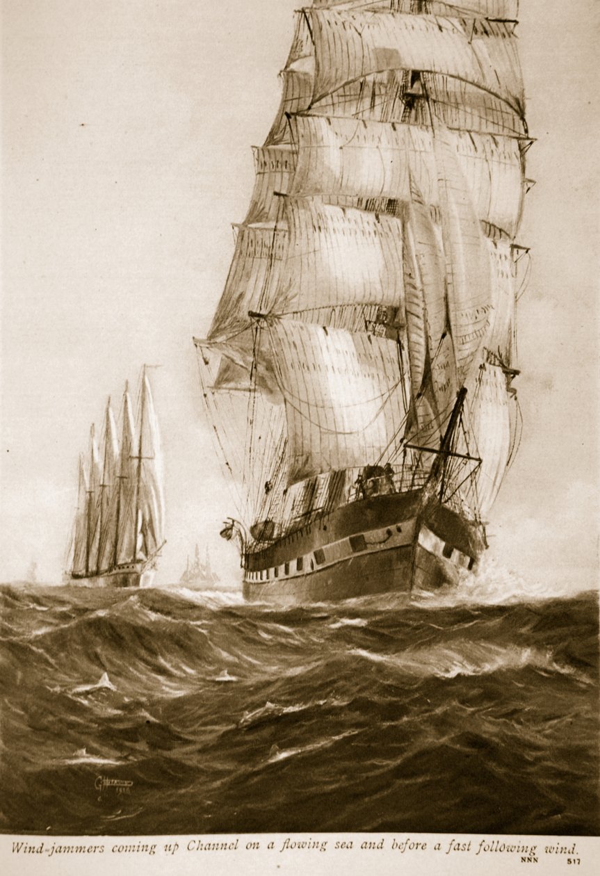 Windjammer kommen bei fließender See und schnellem Rückenwind in den Kanal, 1914-19 von English School