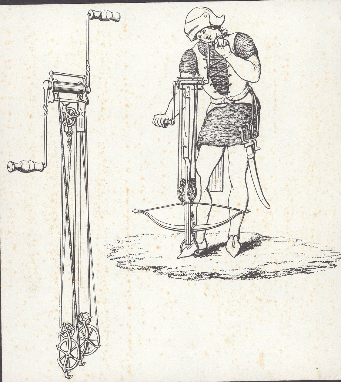 Windenmechanismus zum Spannen der Armbrust, Illustration aus 