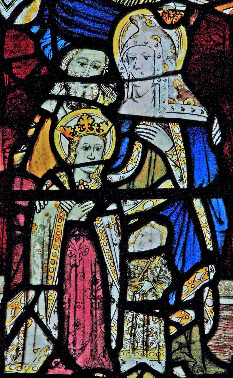 Fenster Ew zeigt St. Anna, Joachim, die Jungfrau Maria und das Christkind von English School