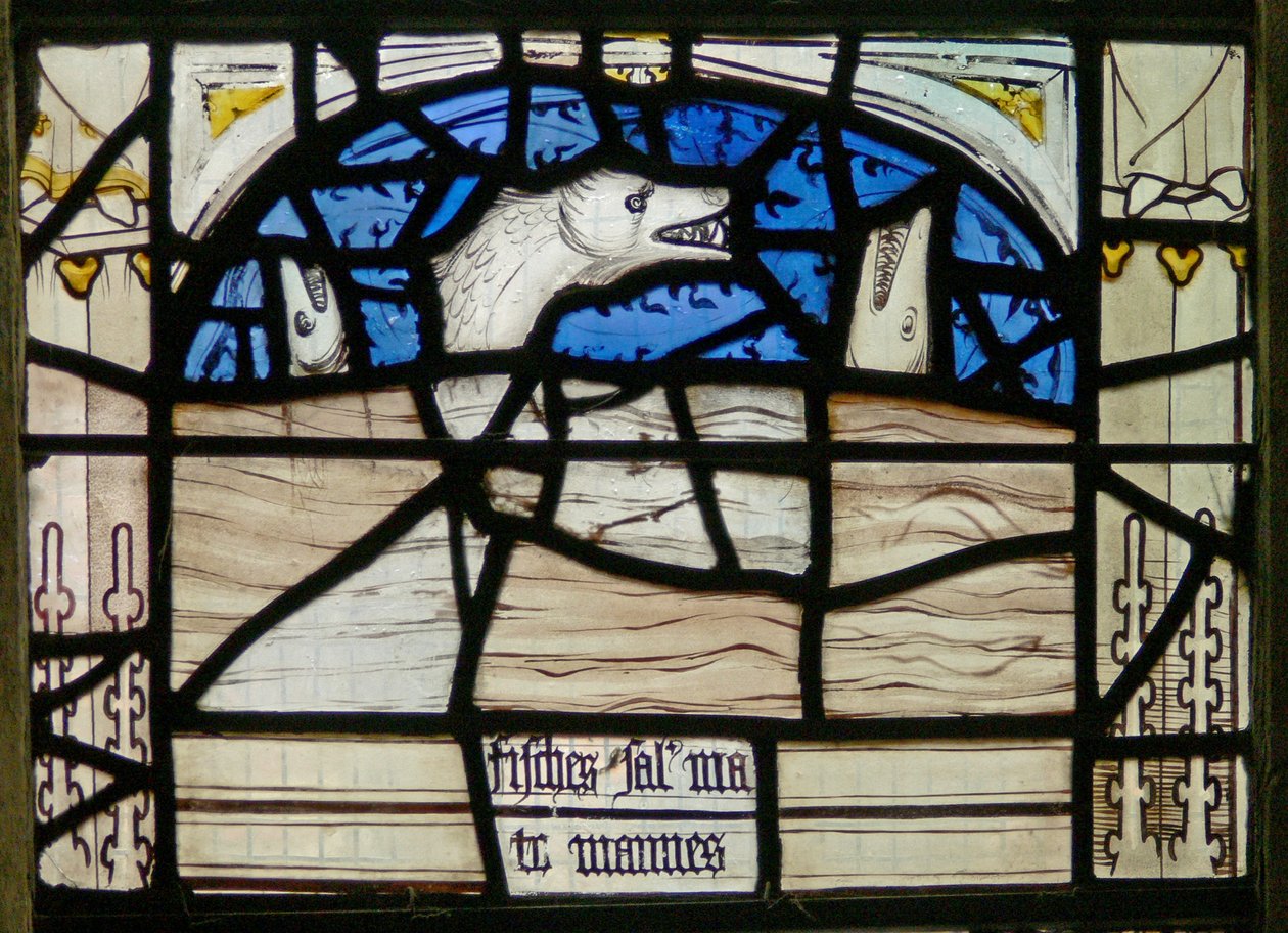 Die letzten fünfzehn Tage der Welt (das Pryke of Conscience Fenster): Fische und Seeungeheuer schreien von English School
