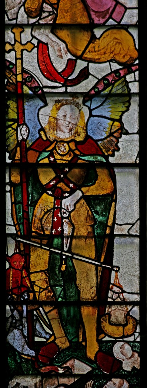 Fenster Ww mit einer Szene aus dem Jüngsten Gericht: Der Heilige Michael und andere Details von English School