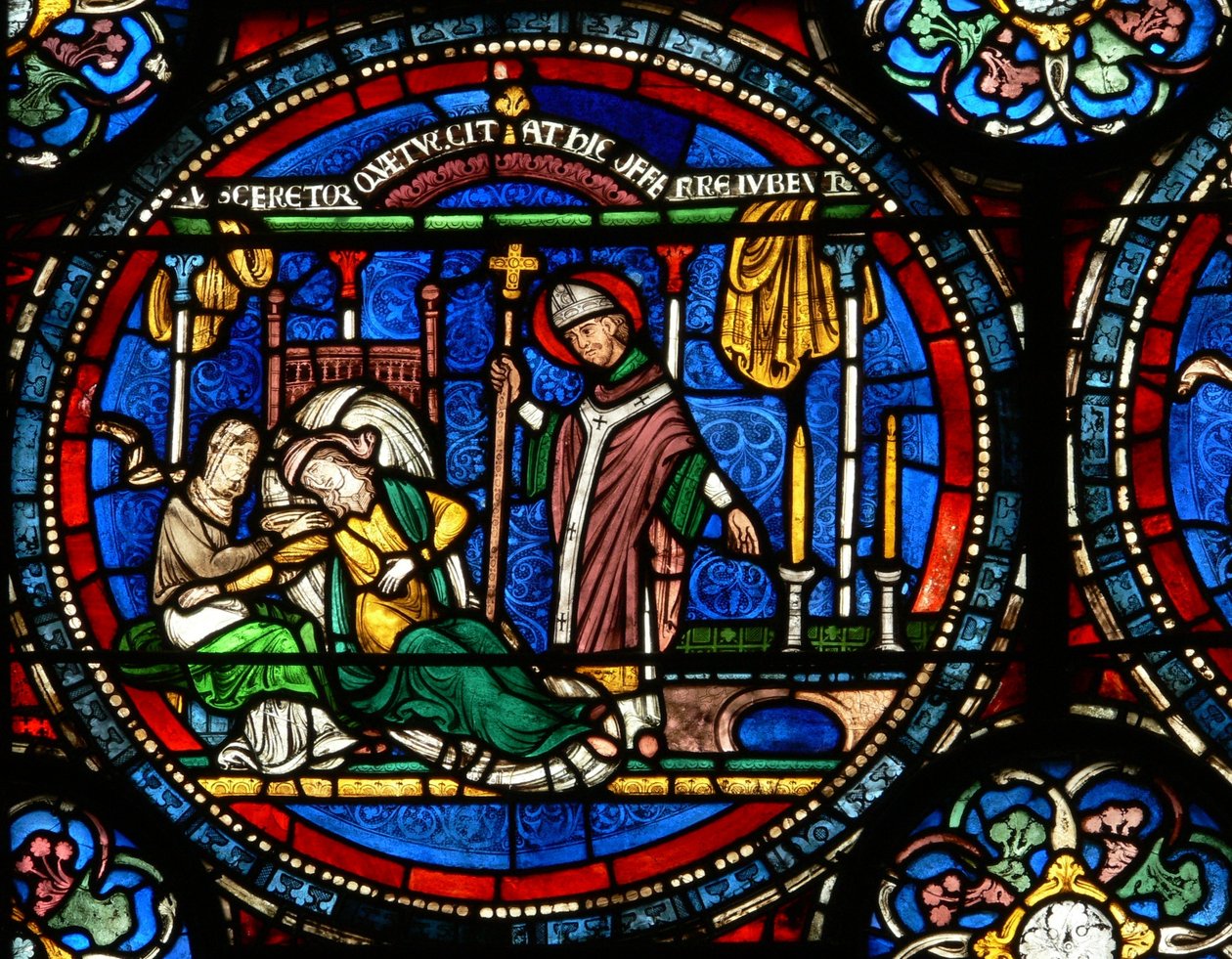 Fenster n4, Szene aus einem St. Thomas Becket Wunderfenster: Julia Puintel wird zum Grab geschickt von English School