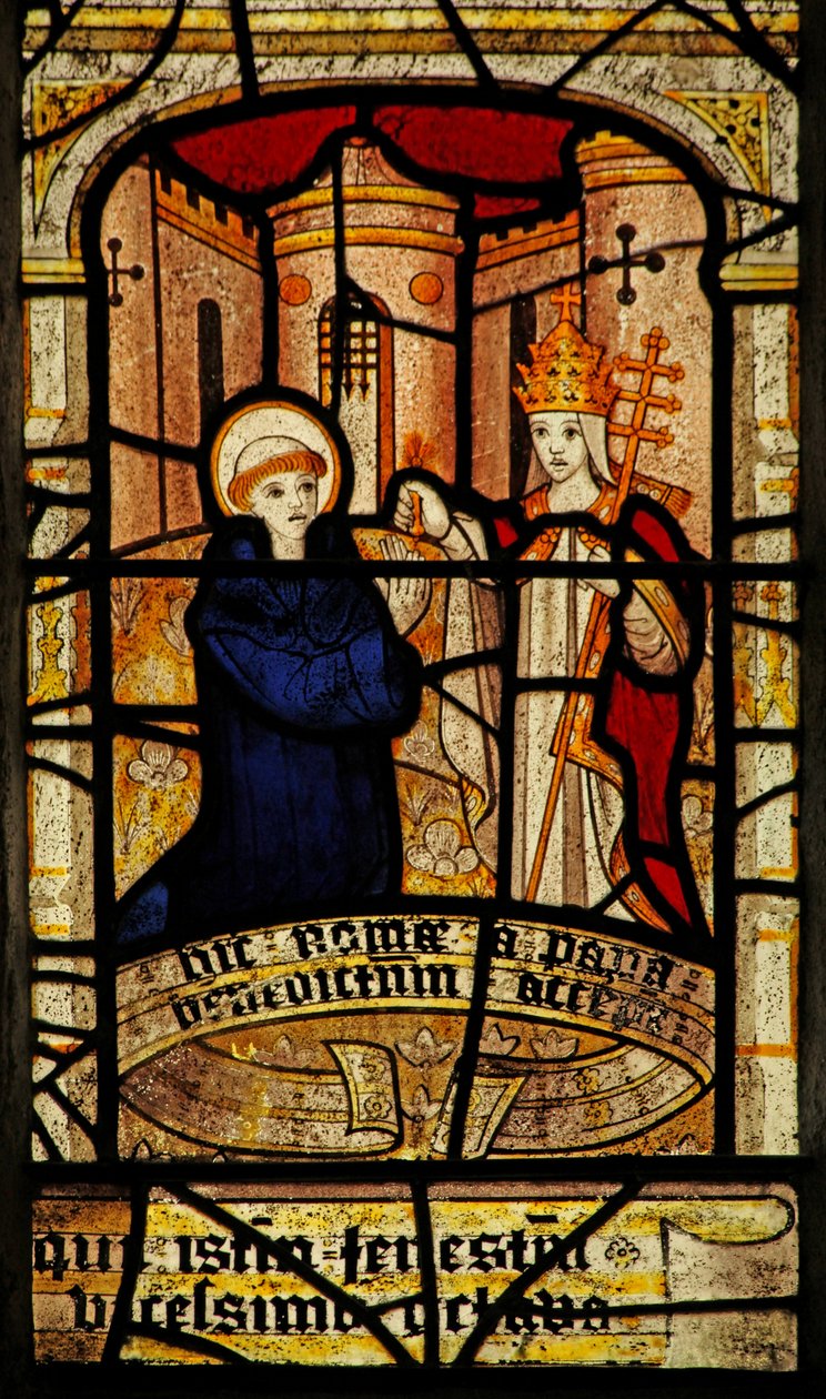 Fenster Nr. 5 zeigt St. Neot wird vom Papst gesegnet von English School