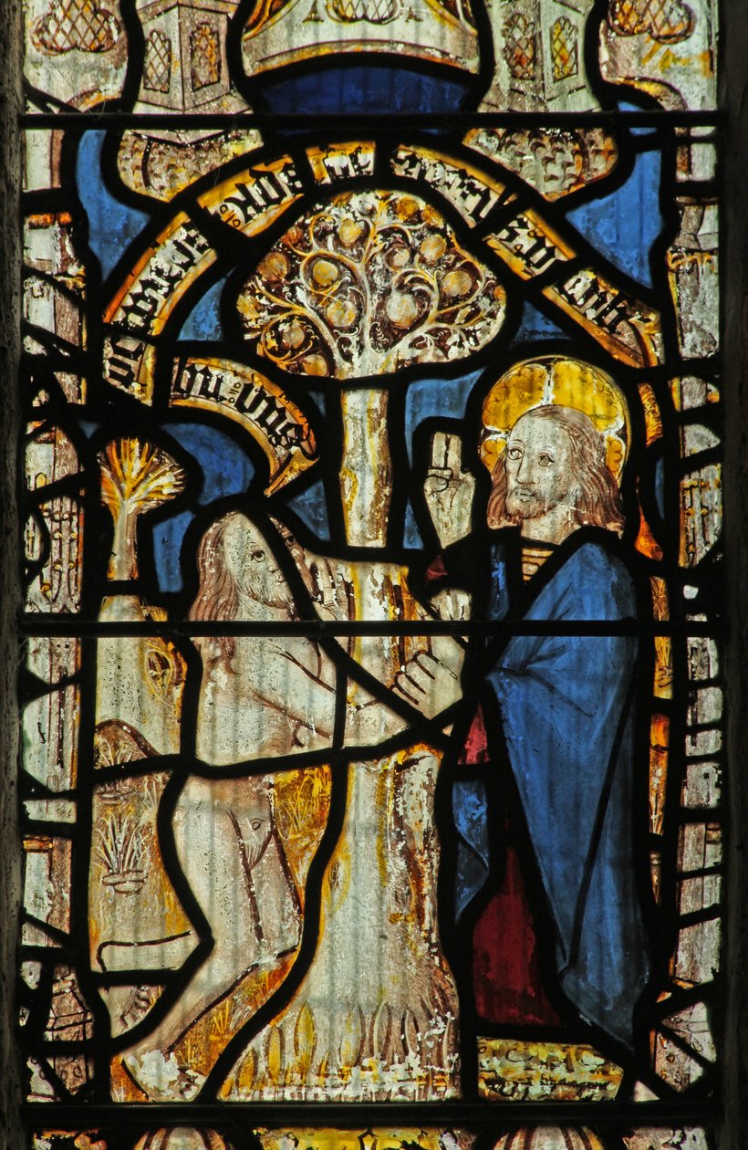 Fenster Nr. 1 zeigt Gott, Adam, den Baum der Erkenntnis von English School