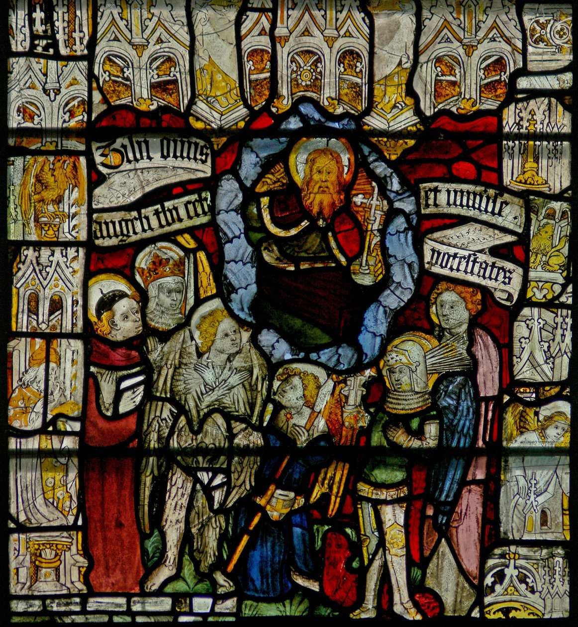 Fenster w24 mit dem Te Deum und der Engelshierarchie von English School