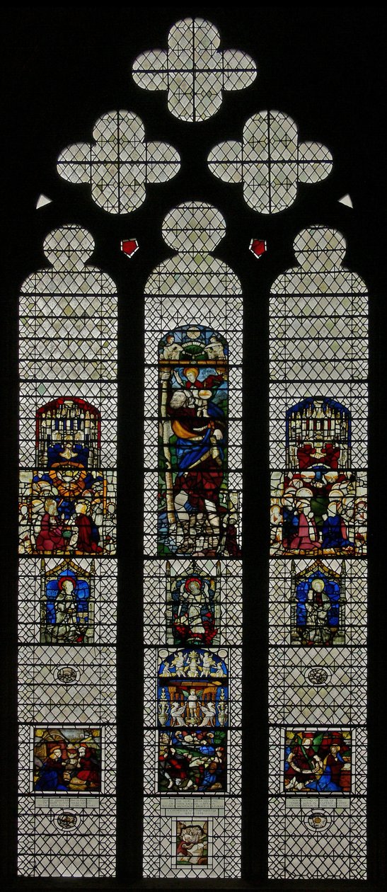 Fenster w36, Darstellung eines zusammengesetzten Fensters mit ausländischen und englischen Tafeln aus dem 14. und 16. Jahrhundert von English School