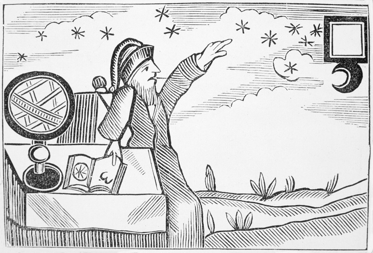 Zauberer, der den Mond und die Sterne konsultiert, Illustration aus einer Sammlung von Heftromanen über Esoterik von English School