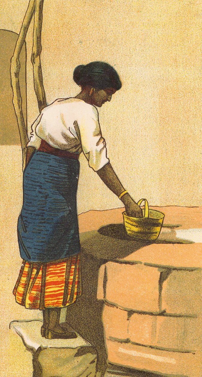 Frau zieht Wasser aus einem Brunnen in Sri Lanka (Farblithografie) von English School