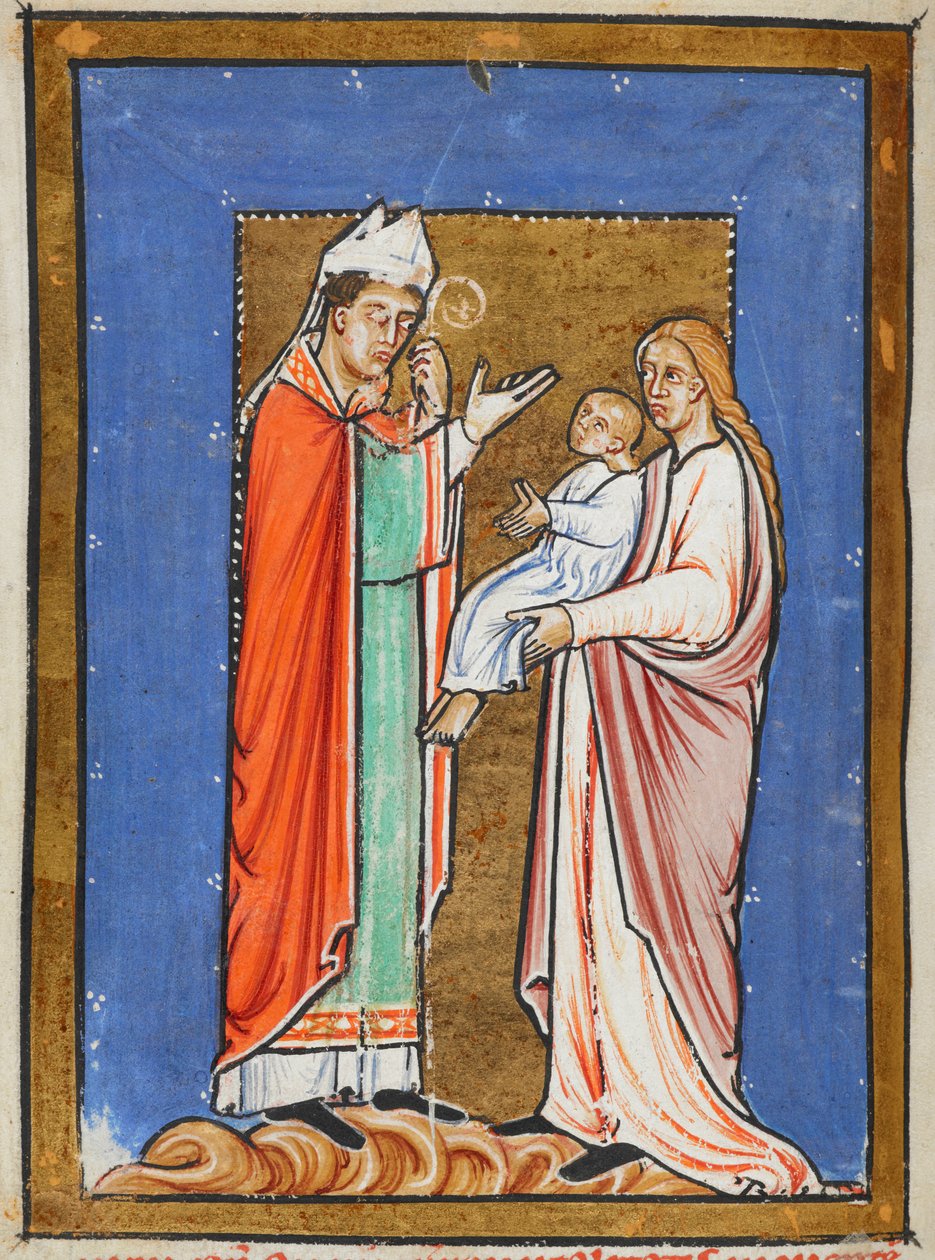 Yates Thompson 26 f.62v St. Cuthbert heilt ein Kind mit der Pest, Illustration aus dem 