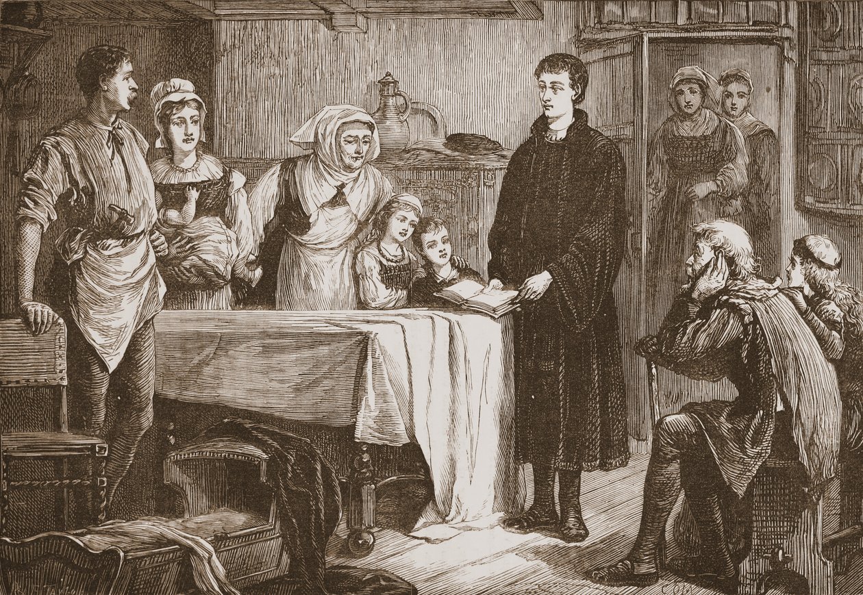 Junger Calvin, der der Familie in Bourges die Bibel erklärt, Illustration aus Die Geschichte des Protestantismus von James Aitken Wylie, veröffentlicht 1878 von English School