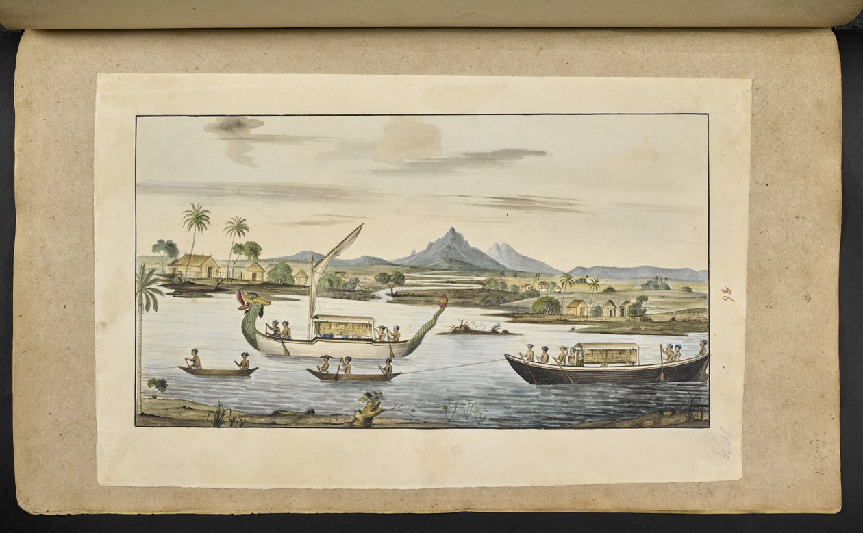 Flussszene in Java mit Booten, darunter ein drachenköpfiges Boot von English School