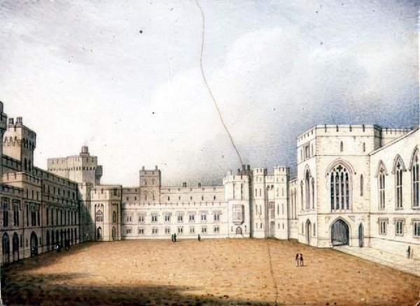 Worcester-Plakette, die den Innenhof von Windsor Castle darstellt, eine von einem Paar, ca. 1830-40 von Enoch Doe