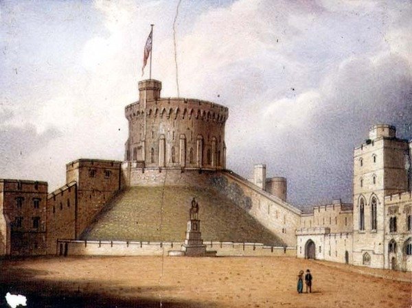 Worcester-Plakette, die den Rundturm von Windsor Castle darstellt, eine von einem Paar, ca. 1830-40 von Enoch Doe