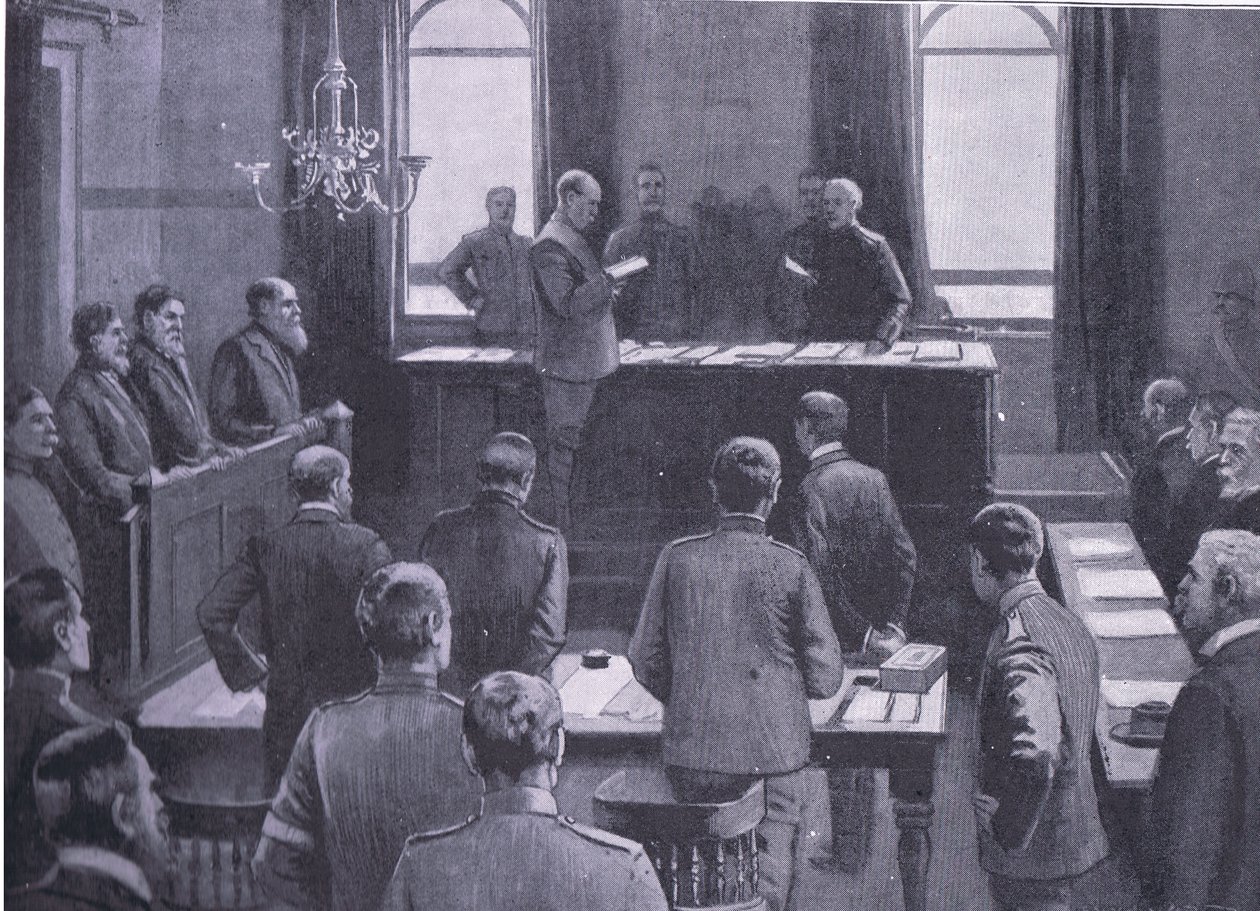 Ein Prozess wegen Hochverrats in Bloemfontein, aus After Pretoria: Der Guerillakrieg veröffentlicht von Harmsworth Bros Limited, 1901 von Enoch Ward