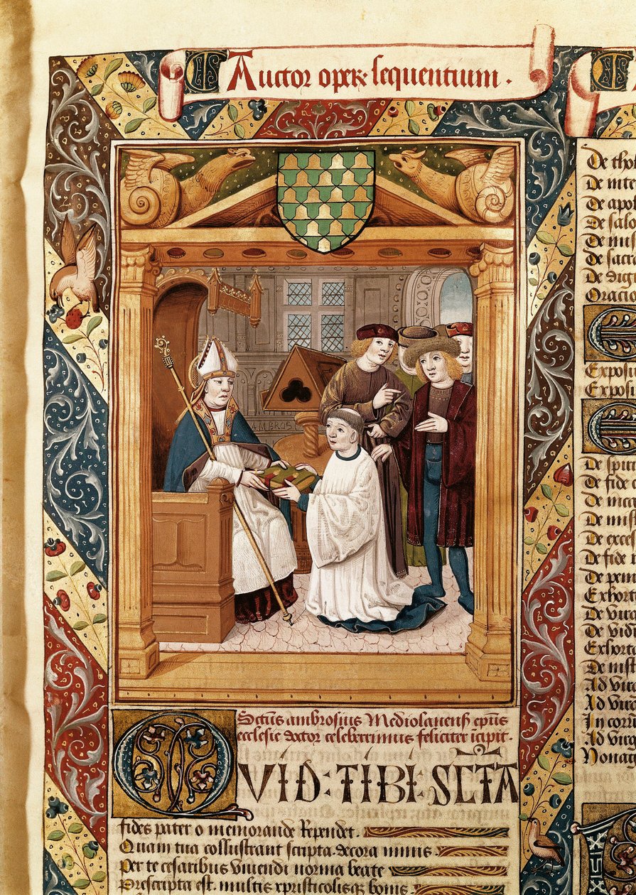Der heilige Ambrosius (339-397), Erzbischof von Mailand, präsentiert seine Werke einem Verwandten, aus den „Werken des heiligen Ambrosius (Bd. 1)“ von Enrique de Bellorto