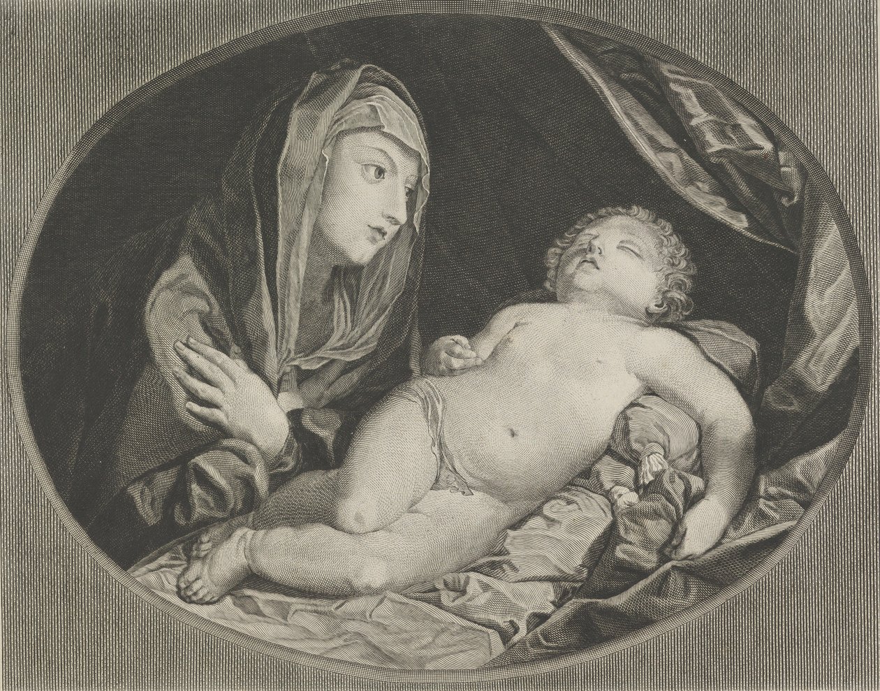 Die Jungfrau mit verschränkten Armen über der Brust, die das schlafende Christkind betrachtet von Ephraim Gottlieb Krüger
