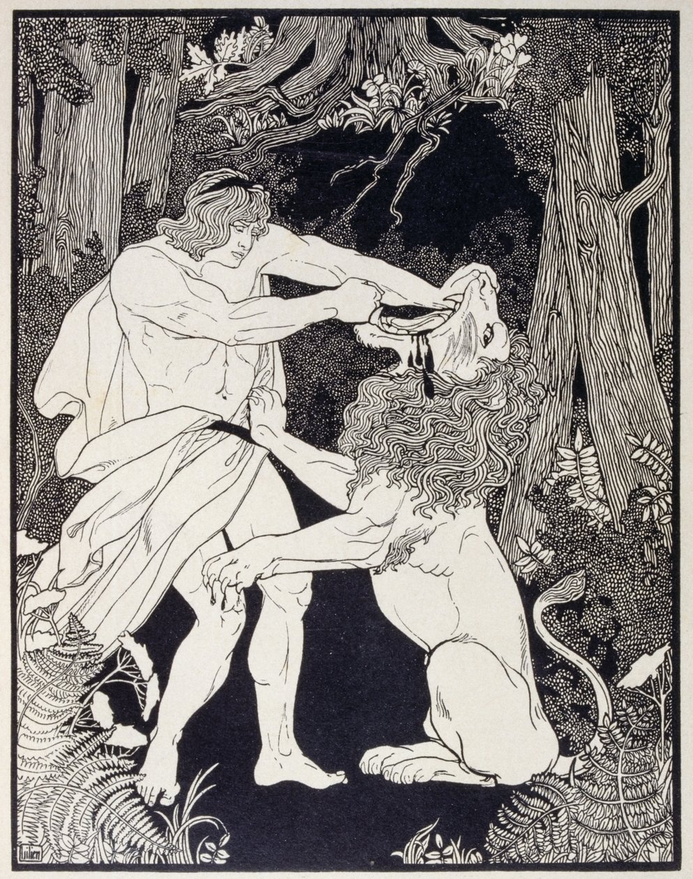 Zeichnung von Samson, der gegen einen Löwen kämpft (Gravur) von Ephraim Moses Lilien