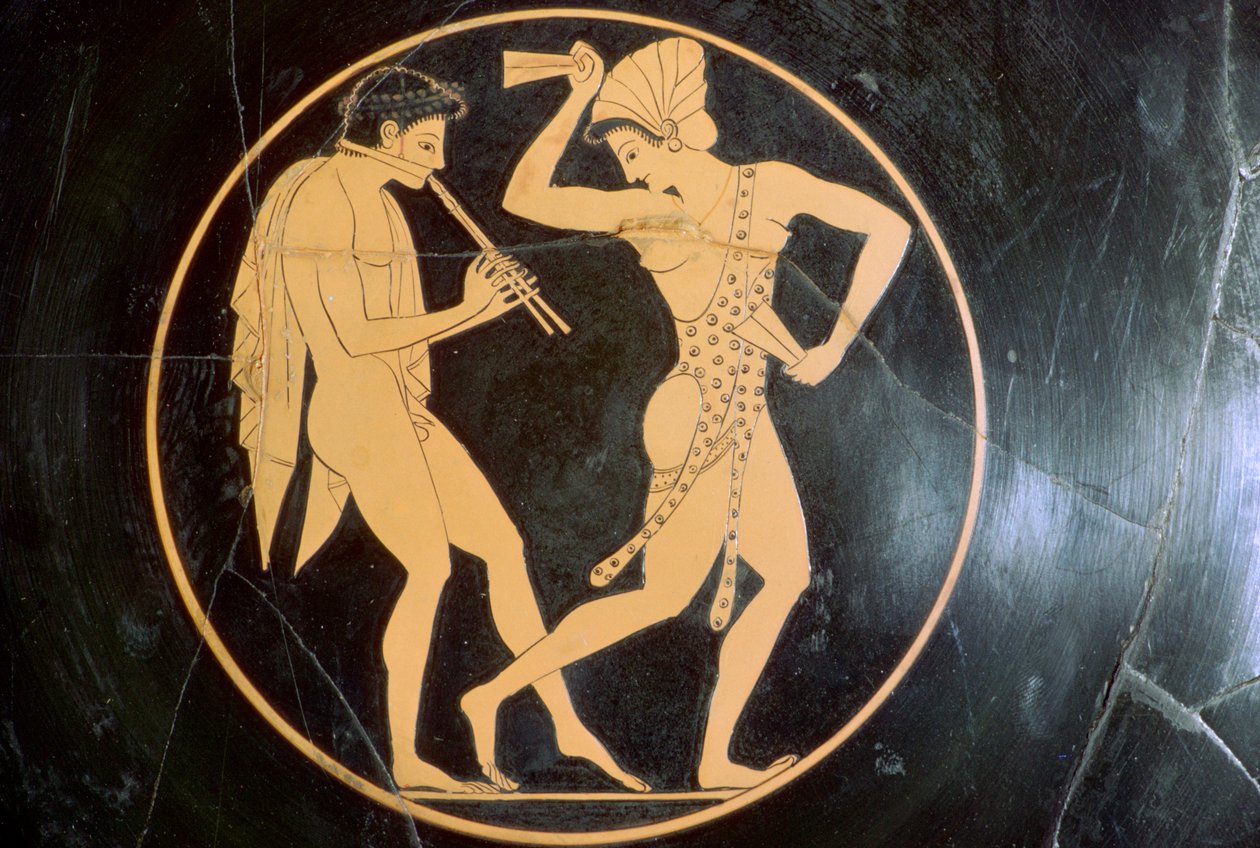 Vasenmalerei eines jungen Mannes, der Flöte spielt, und einer tanzenden Frau, 6. Jahrhundert v. Chr. von Epikektos