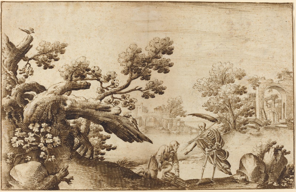 Der Tod und der Holzfäller in einer Küstenlandschaft mit Ruinen von Ercole Bazicaluva