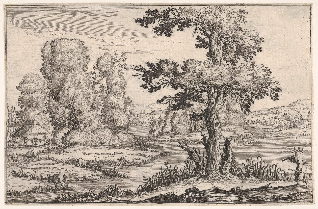 Landschaft mit weidenden Ziegen in der Nähe eines Flusses und einer Figur im rechten Vordergrund, aus einer Serie..., 1638 von Ercole Bazicaluva