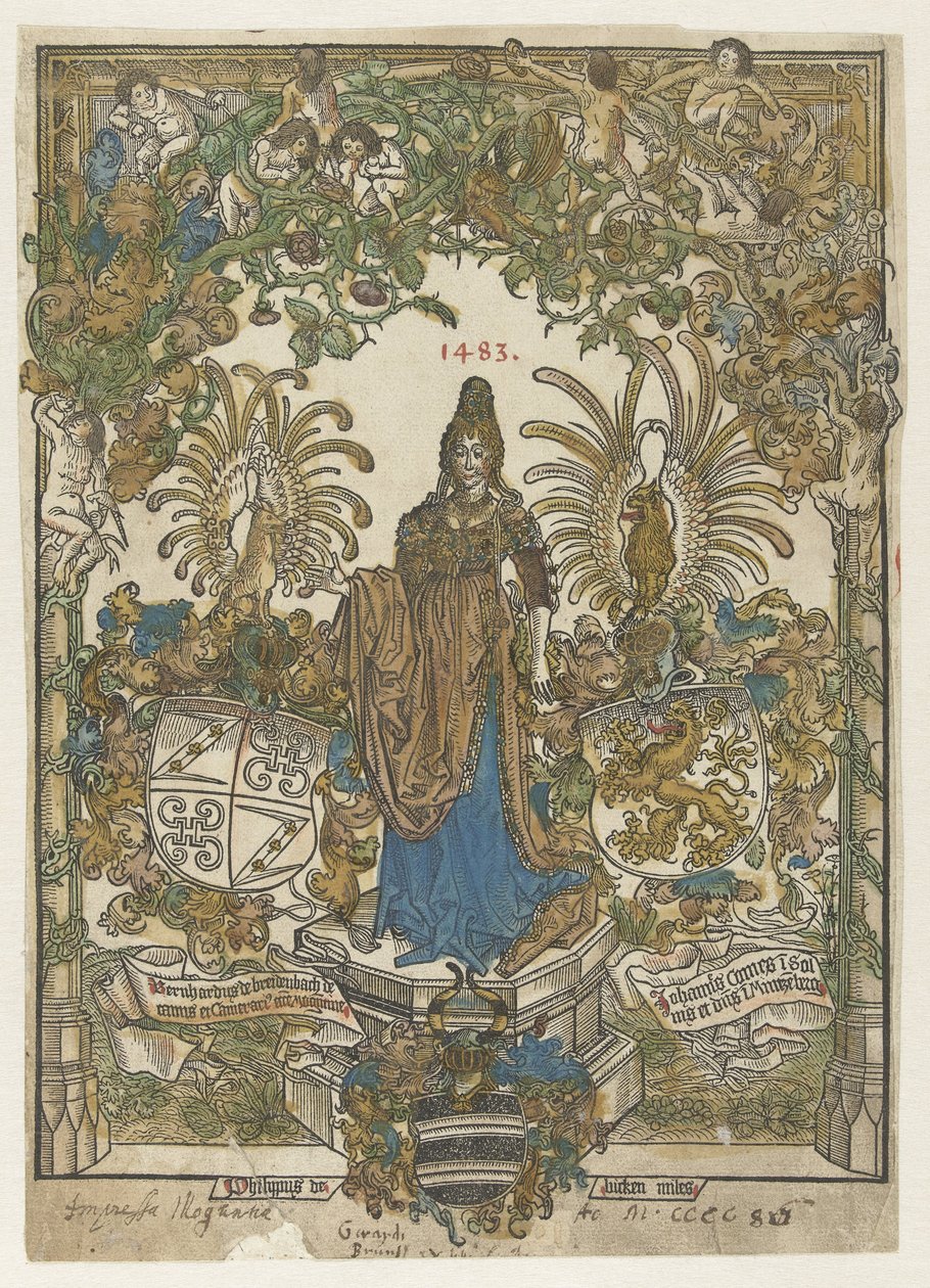 Frontispiz mit Frau auf Sockel mit Wappen von Bernhard von Breydenbach und Johannes Comes von Erhard Reuwich