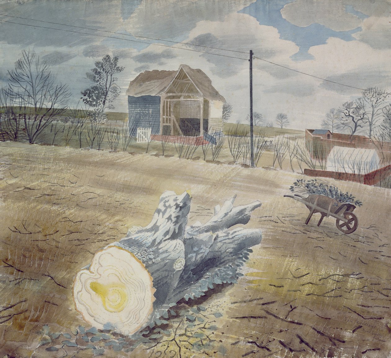 Baumstamm und Schubkarre von Eric Ravilious