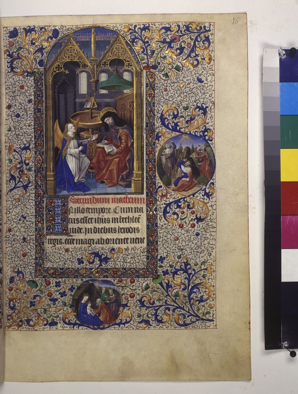 Ganzseitig: gerahmte Miniatur, mit Text und Tempera-Initiale darunter von Erich Lessing