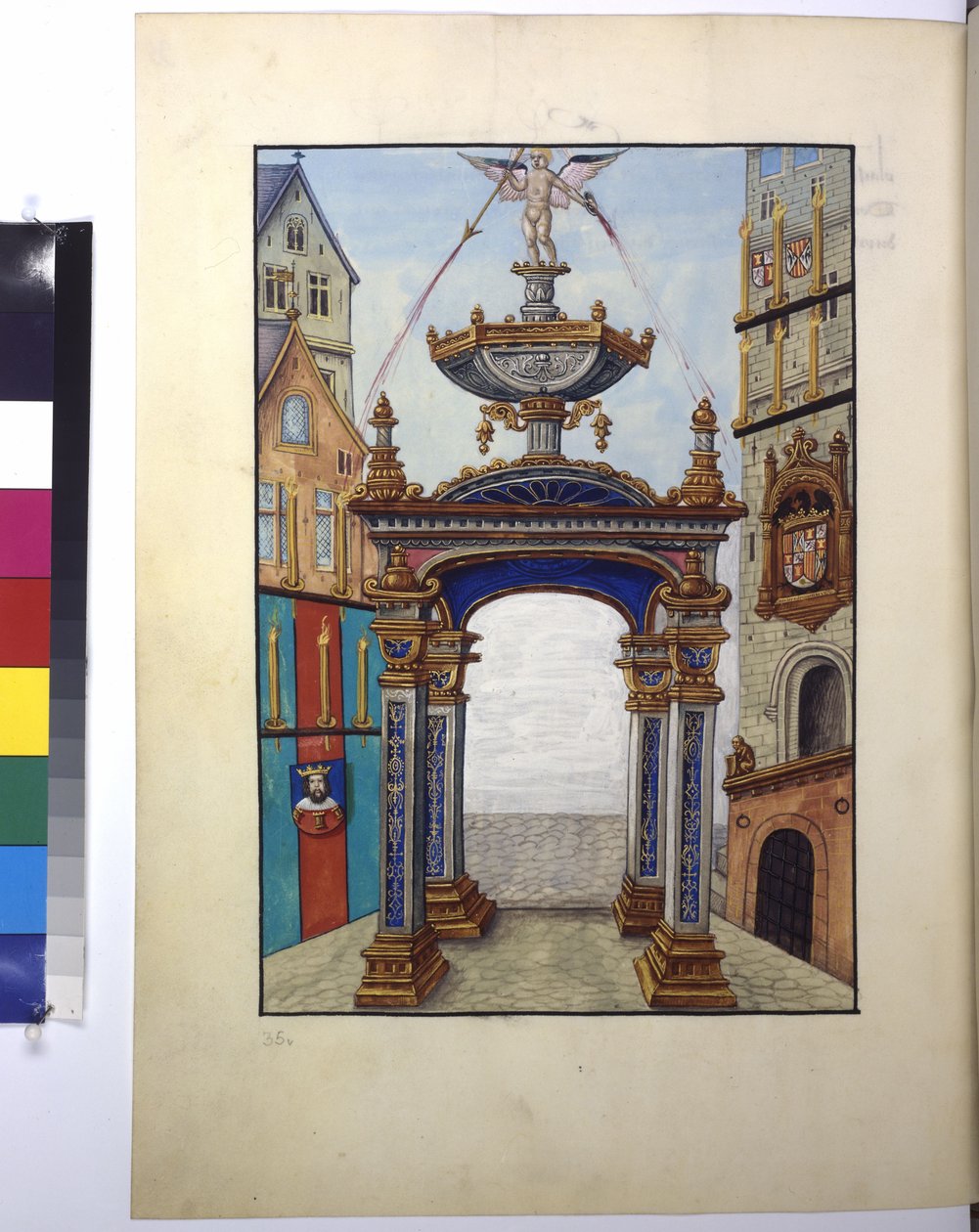 Ganzseitig: Miniatur: Triumphbogen mit dem Bild des Kaisers, Wappen, um 1515 von Erich Lessing