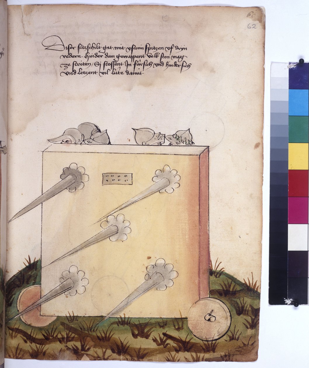 Ganzseitig: Mobiler Wachturm, mit Speeren und Soldaten in Rüstung dahinter, um 1430 (farbige Federzeichnung) von Erich Lessing