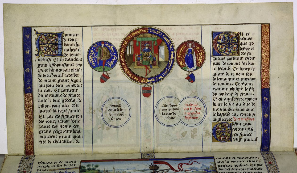 Ganzseitig: Text mit Initialen und drei Medaillons: Gottfried von Bouillon von Erich Lessing