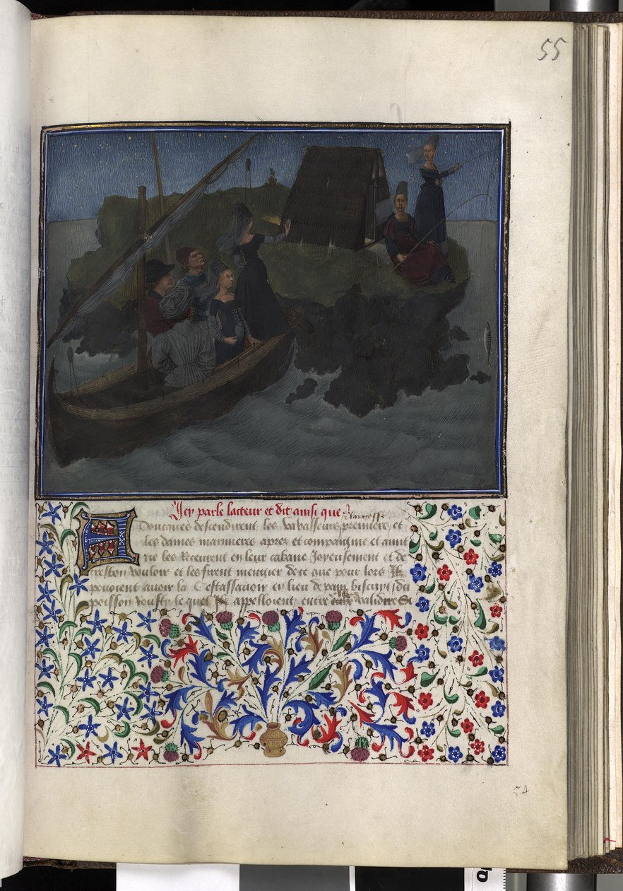 Vollseite: Text mit gemalter Initiale, gerahmter Miniatur und Rand von Erich Lessing