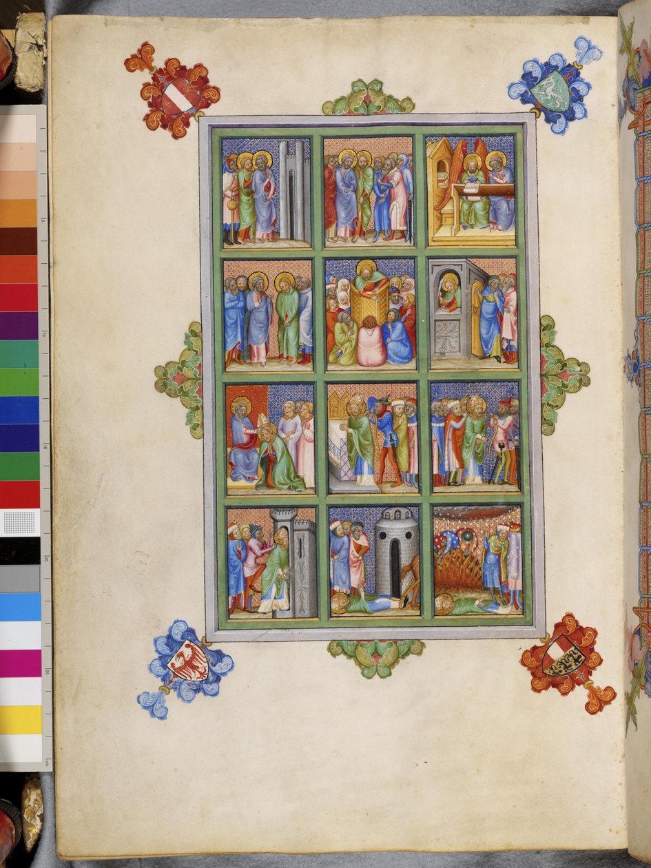 Vollseite: Zwölf Szenen aus dem Leben des Evangelisten Markus in einem gerahmten Panel: Petrus und Markus kommen nach Rom von Erich Lessing