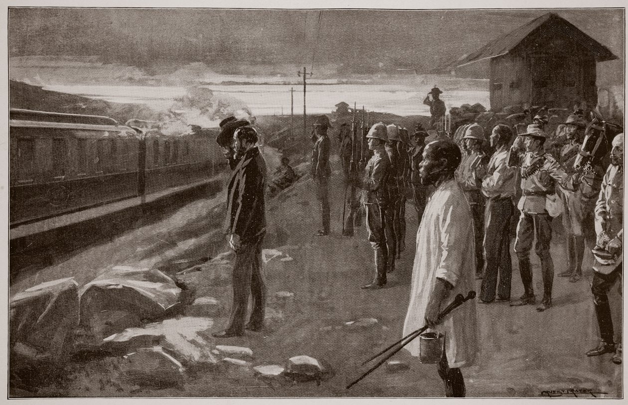 Der Zug, der die Überreste von Mr. Rhodes transportiert, wird von den Blockhauswachen auf dem Weg zu den Matopos-Hügeln begrüßt von Ernest Prater