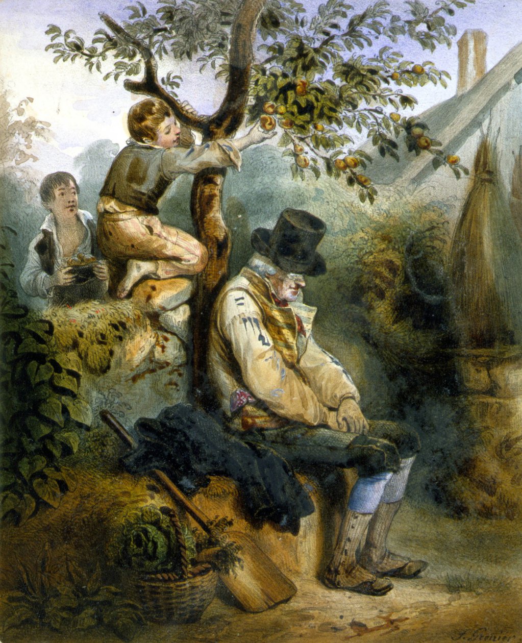 Kinder stehlen Äpfel unter der Nase des schlafenden Bauern - Lithografie von Grenier, ca. 1840 von Ernest (after) Grenier