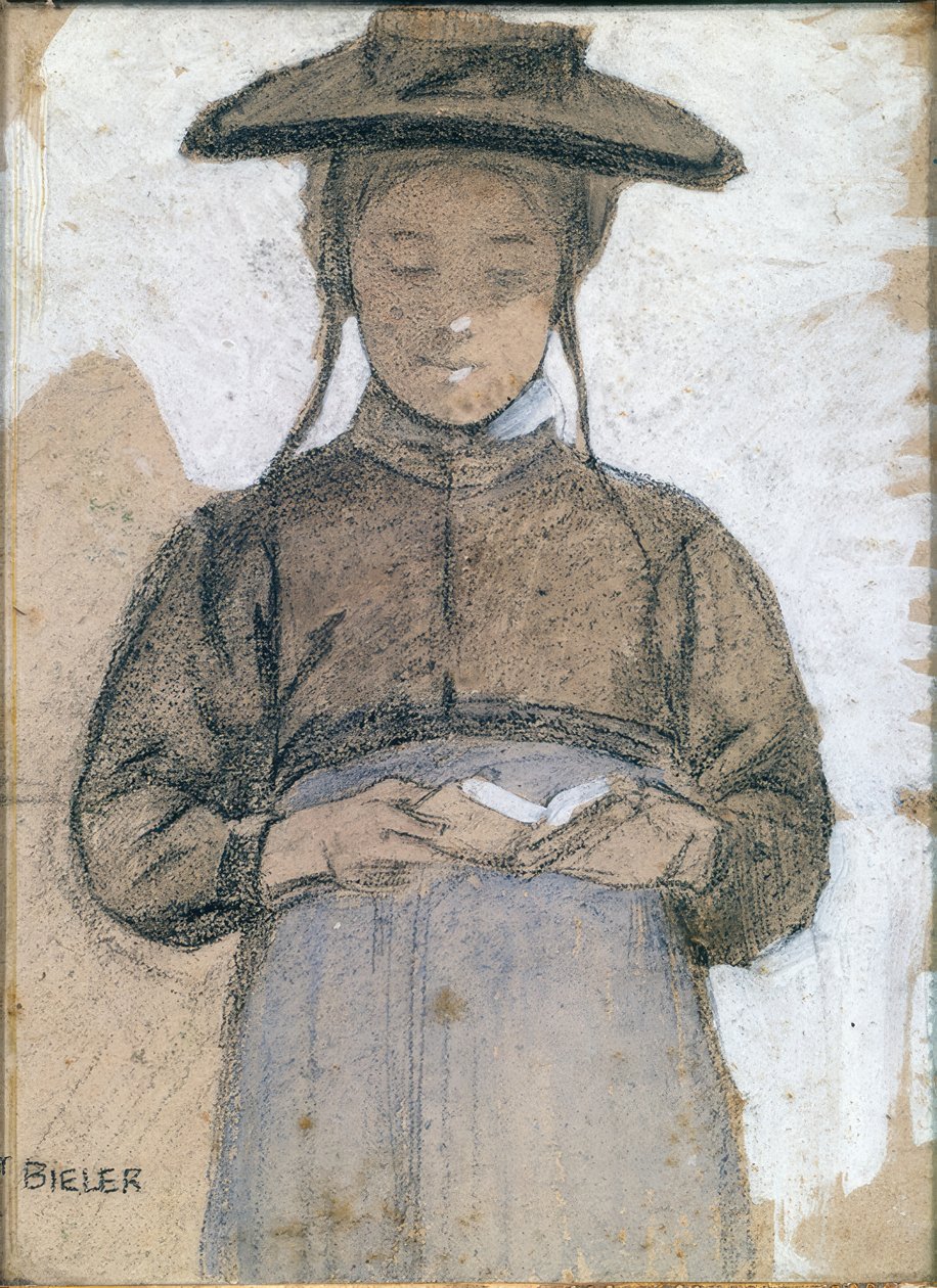 Junge Walliserin liest in ihrem Messbuch von Ernest Bieler
