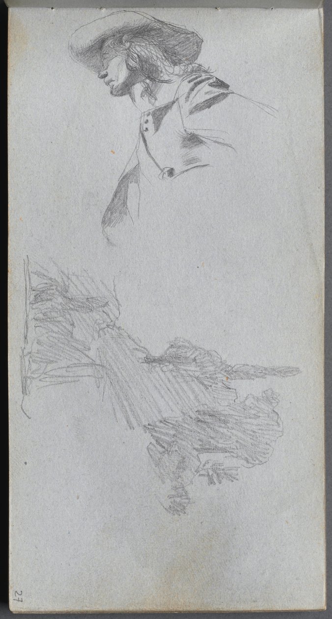 Skizzenbuch, Seite 27: Detailstudie für "Auf einer Terrasse" und Landschaftsstudie von Ernest Meissonier