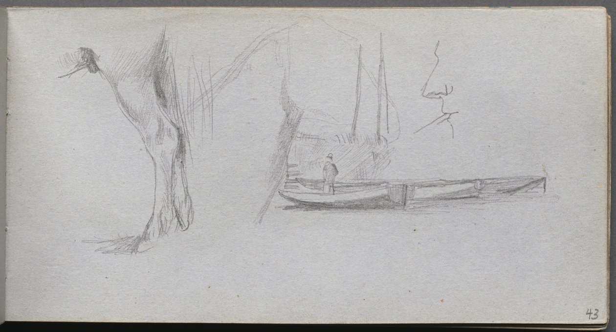 Skizzenbuch, Seite 43: Studien: Pferdebein, Figur in einem Boot und Profil von Jean Louis Ernest Meissonier