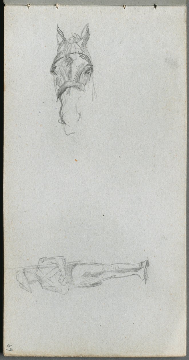 Skizzenbuch, Seite 69: Studie einer Hand, eines Pferdes und einer Figur von Jean Louis Ernest Meissonier