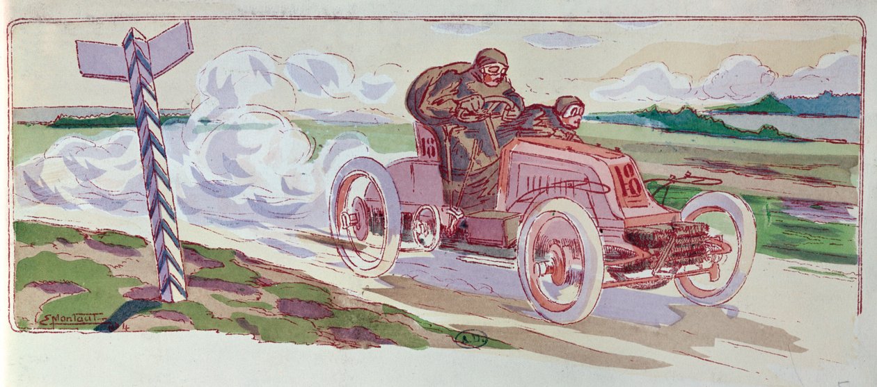 Henri Fournier in seinem Mors beim Paris-Berlin-Rennen 1901, ca. 1910 von Ernest Montaut