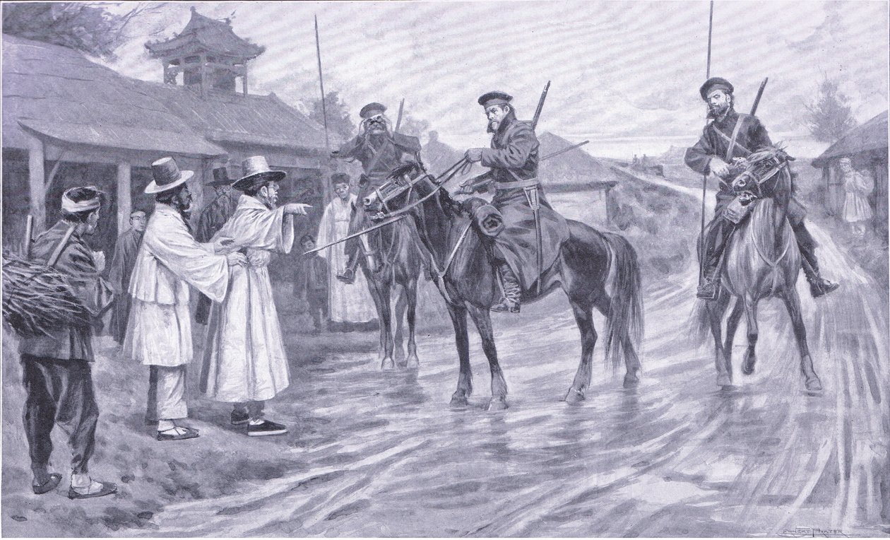 Kosakenspäher sammeln Informationen von einem koreanischen Gefangenen, Illustration aus Cassells Geschichte des Russisch-Japanischen Krieges Band 1, ca. 1900 von Ernest Prater