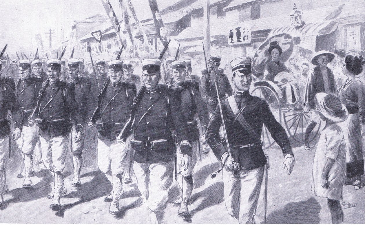 Japaner marschieren durch Tokio, Illustration aus Cassells Geschichte des Russisch-Japanischen Krieges Band 1, ca. 1900 von Ernest Prater