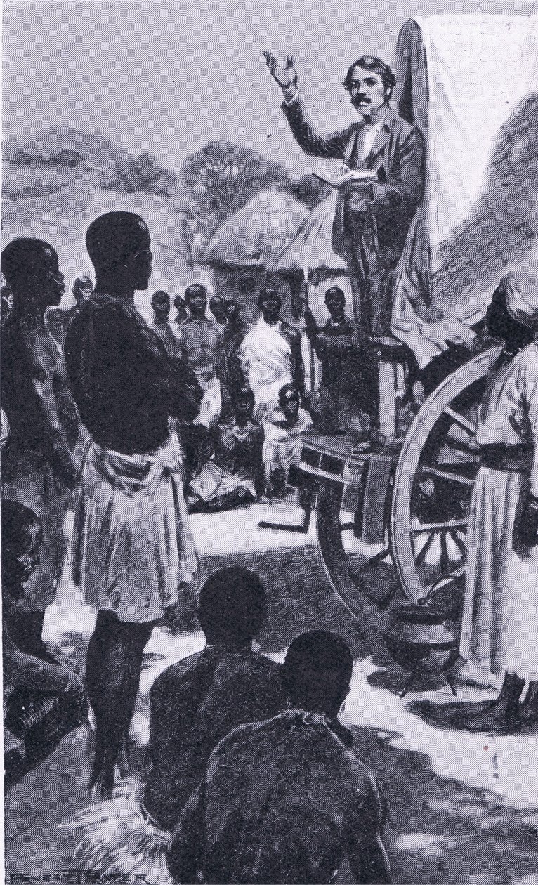 Predigen zu den Makololo: Livingstone, Illustration aus Cassells Romance of Famous Lives, ca. 1940 von Ernest Prater
