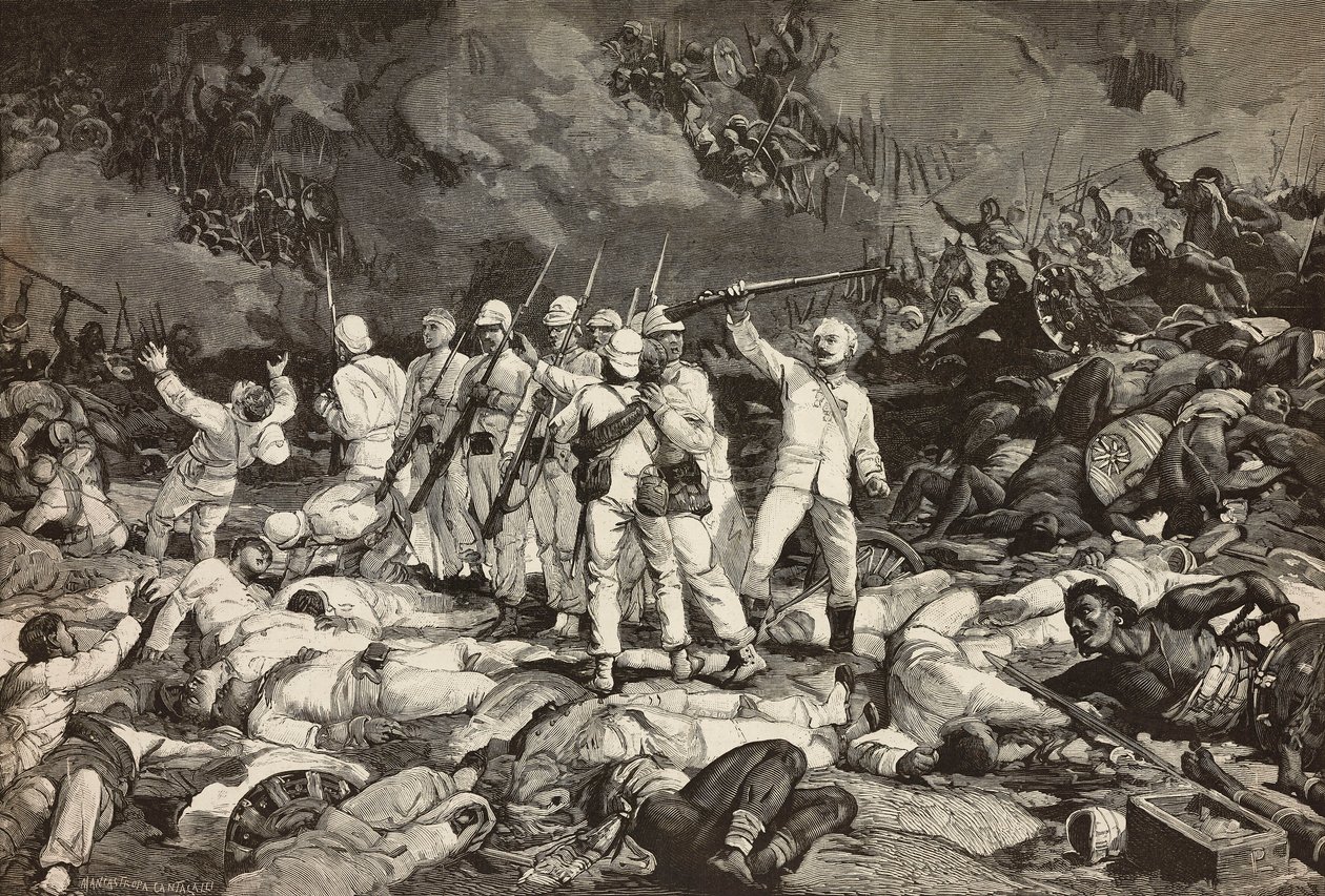Schlacht von Dogali, letzte Überlebende präsentieren Waffen, salutieren den Gefallenen, Eritreischer Krieg, Gravur von Ernesto Mancastroppa und Cantagalli nach einer Zeichnung und Komposition von Ludovico Pogliaghi, aus L