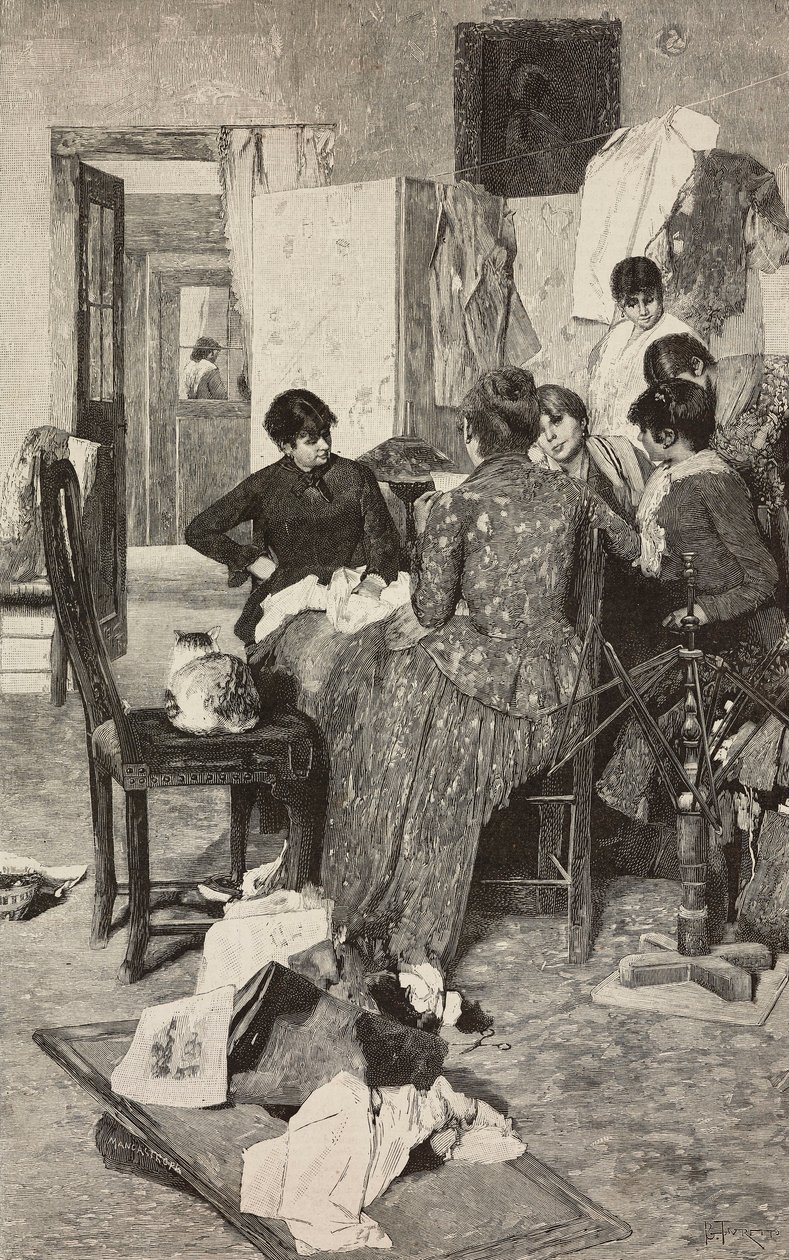 El me dise la so rossa, Frau liest Brief, nach einem Gemälde von Giacomo Favretto, Gravur von Ernesto Mancastropa aus L