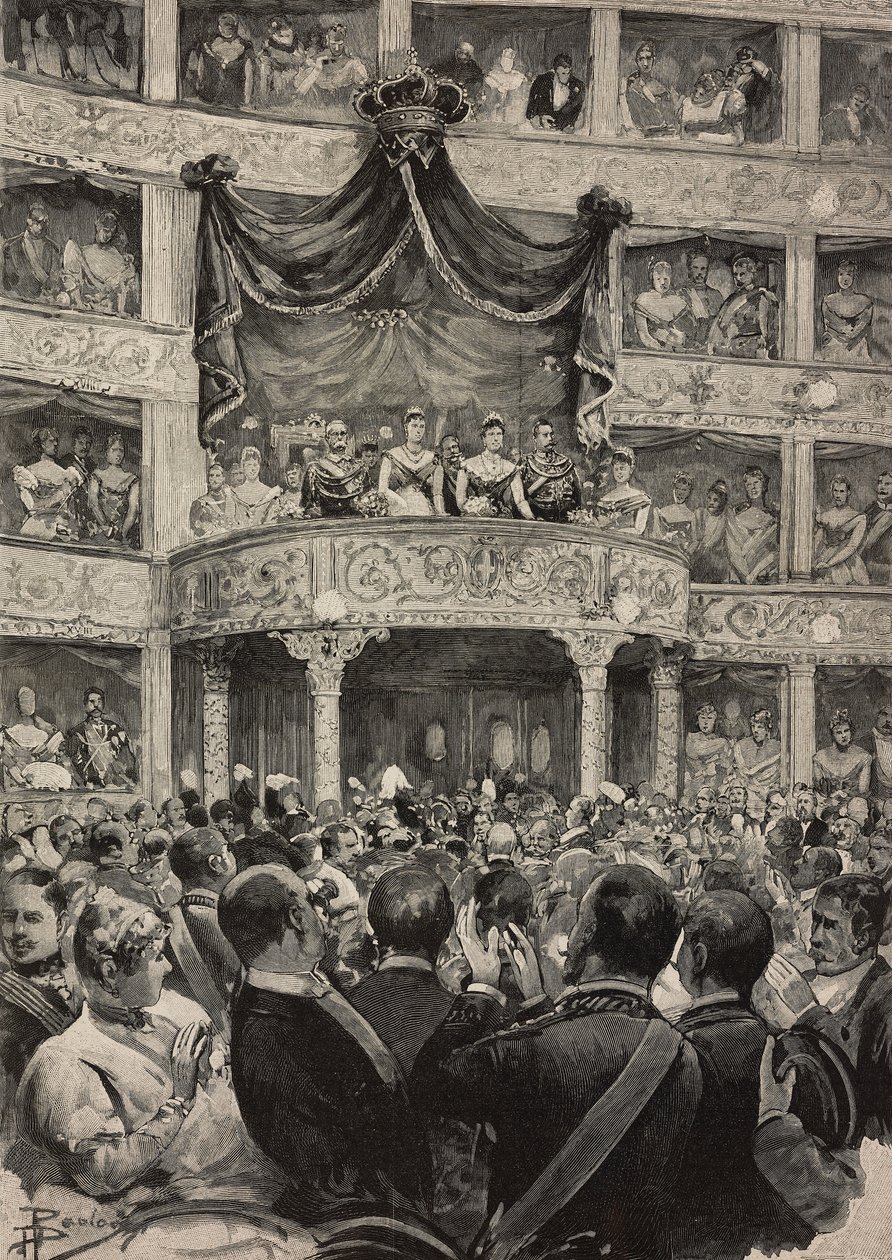 Umberto I. und Margherita von Savoyen, begleitet von den Herrschern Deutschlands, im Teatro Argentina anlässlich der Silberhochzeitsfeierlichkeiten, 21. April von Ernesto Mancastroppa
