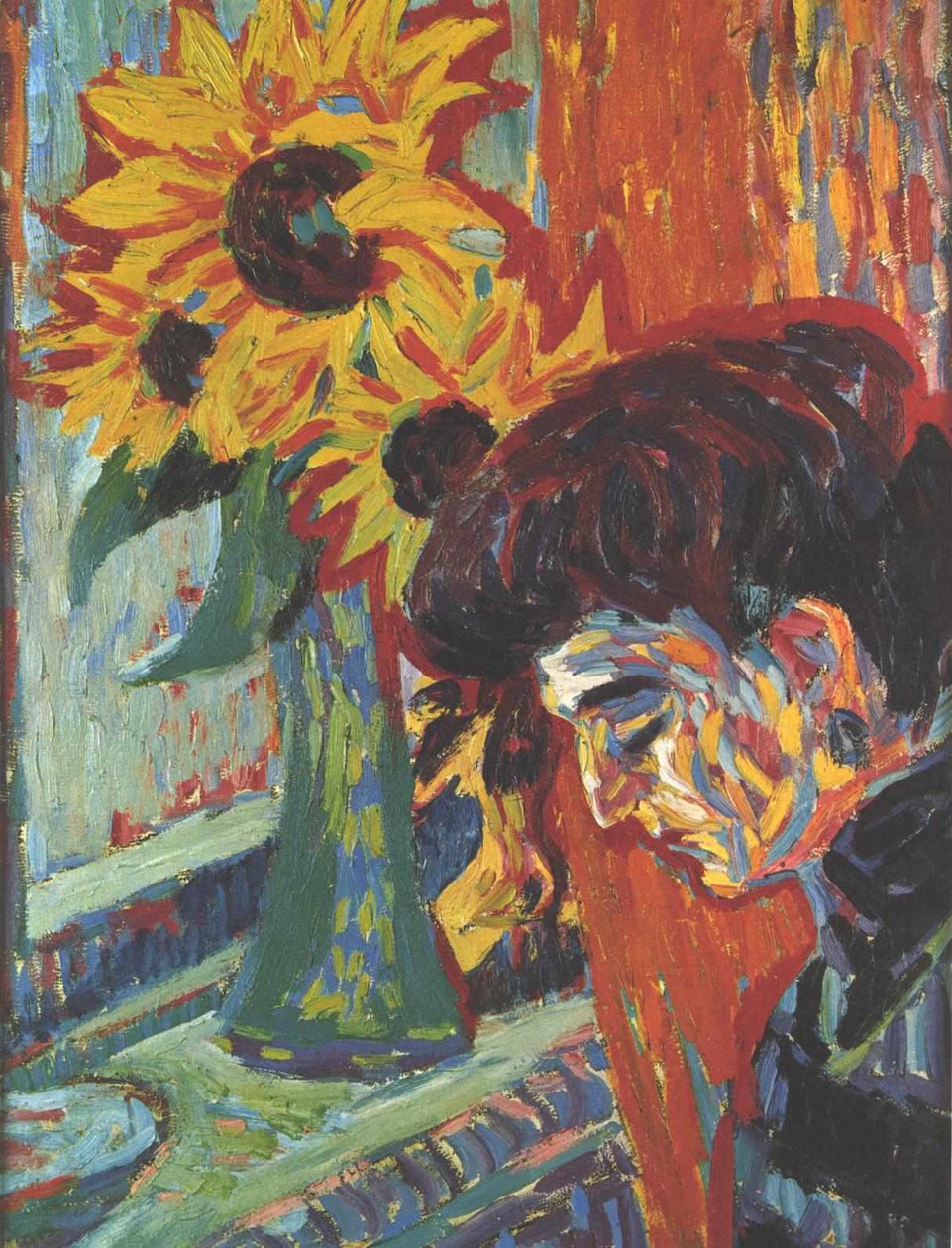 Frauenkopf vor Sonnenblumen von Ernst Ludwig Kirchner